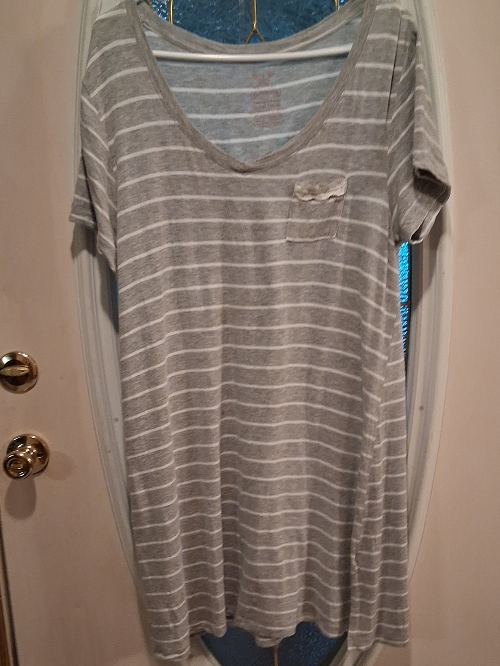 Faded Glory Gray and White Striped V-Neck Nightshirt